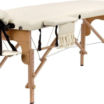 Table de massage en bois - 2 segments - réglable - cuir ECO crème - 216 cm de long