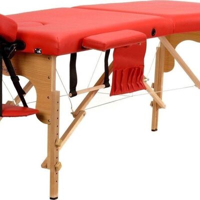 Table de massage en bois - 2 segments - réglable - cuir ECO rouge - longueur 216 cm