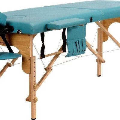 Table de massage en bois - 2 segments - réglable - cuir ECO turquoise - longueur 216 cm