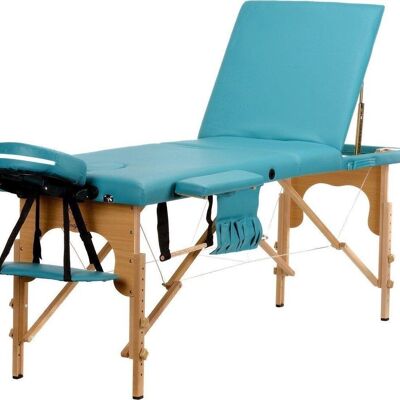 Table de massage en bois - 3 segments - réglable - cuir ECO turquoise - longueur 213 cm