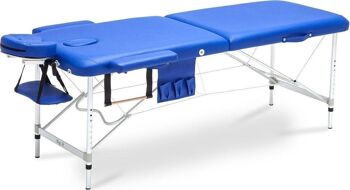 Table de massage en aluminium - 2 segments - réglable - bleue - longueur 223 cm