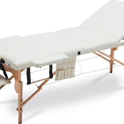 Table de massage en bois XXL - 3 segments - réglable - crème - 223 cm de long