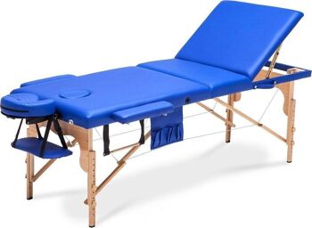 Table de massage en bois XXL - 3 segments - réglable - bleue - 223 cm de long