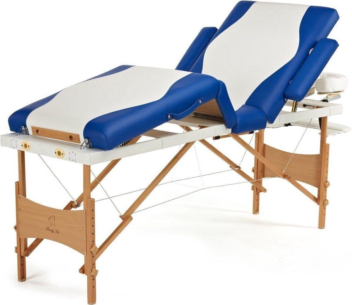 Massageliege aus Holz – 4 Segmente – verstellbar – weiß & blau – 214 cm lang