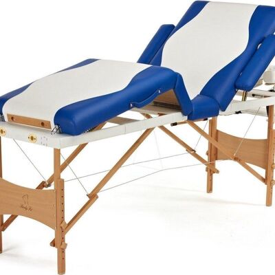 Massageliege aus Holz – 4 Segmente – verstellbar – weiß & blau – 214 cm lang