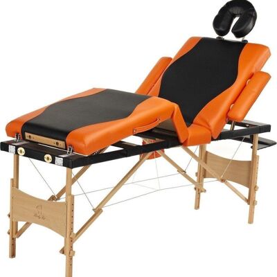 Massageliege aus Holz – 4 Segmente – verstellbar – Schwarz & Orange – 214 cm lang