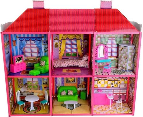 Poppenhuis - 2 verdiepingen - met meubels - roze - 106x36x94 cm
