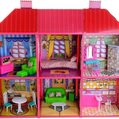 Casa de muñecas - 2 plantas - con muebles - rosa - 106x36x94 cm