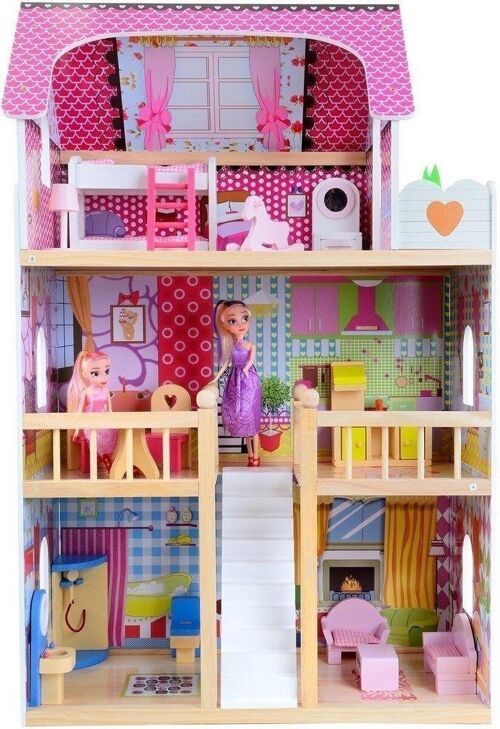 Houten poppenhuis - 2 verdiepingen - met meubels & 2 poppen - roze - 59x30x90 cm