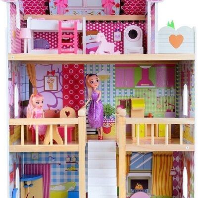 Wooden dollhouse - 2 floors - with furniture & 2 dolls - pink - 59x30x90 cm