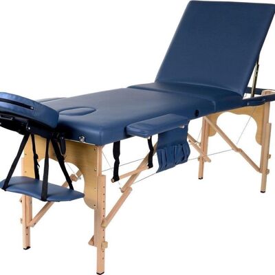 Table de massage en bois - 3 segments - réglable - cuir ECO bleu foncé - longueur 213 cm