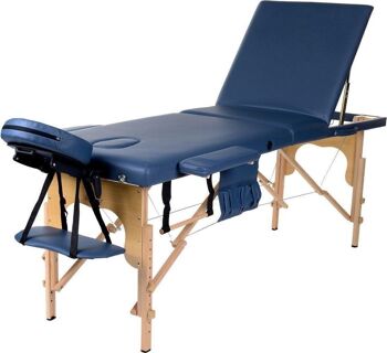 Table de massage en bois - 3 segments - réglable - cuir ECO bleu foncé - longueur 213 cm