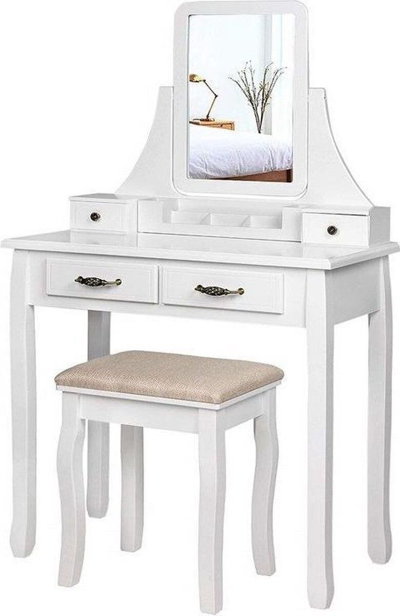 Schminktisch aus Holz mit Spiegel und Hocker – weiß