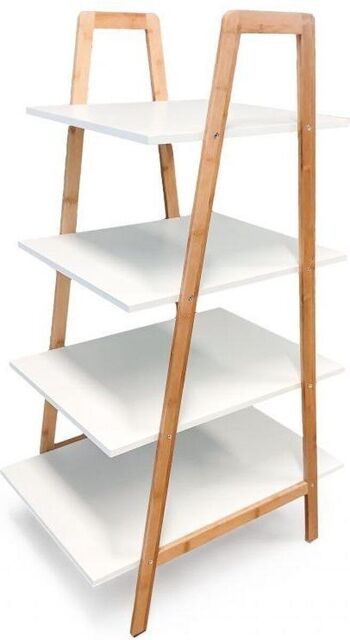 Meuble d'appoint diagonal - 4 étagères - blanc & bambou
