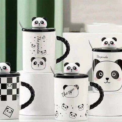 Ceramic mug with lid and spoon, panda theme, in 4 designs DF-731