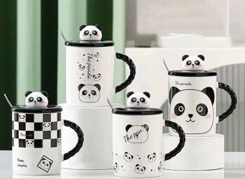 Tasse en céramique avec couvercle et cuillère, thème panda, en 4 modèles DF-731
