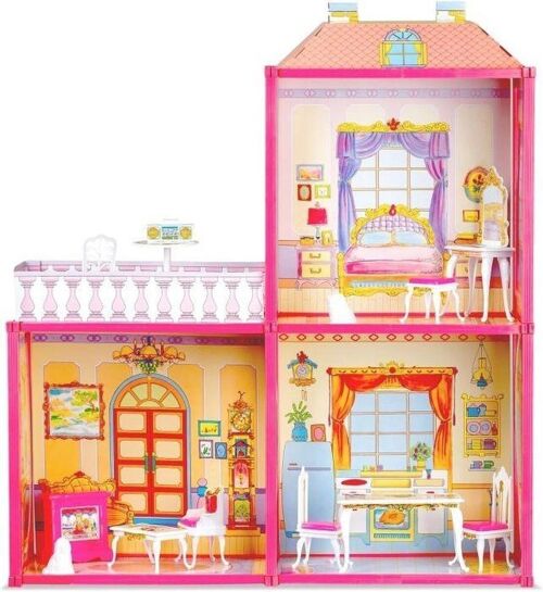 Groot poppenhuis met meubels - 76x77x23 cm - roze