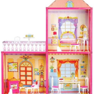 Casa de muñecas grande con muebles - 76x77x23 cm - rosa -