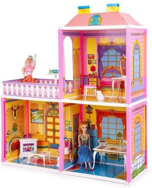 Groot poppenhuis met meubels & 2 poppen - 71x80x24 cm - roze