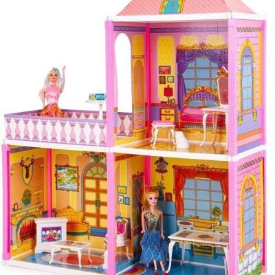 Casa delle bambole grande con mobili e 2 bambole - 71x80x24 cm - rosa
