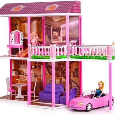 Mega casa de muñecas con muebles, muñecas y coche - 114x85x41 cm - rosa -