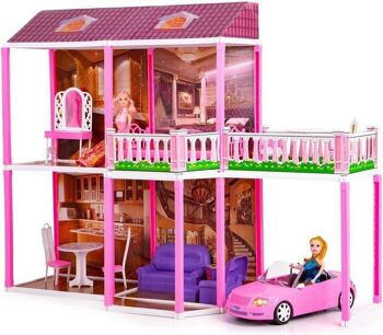 Méga maison de poupée avec meubles, poupées et voiture - 114x85x41 cm - rose