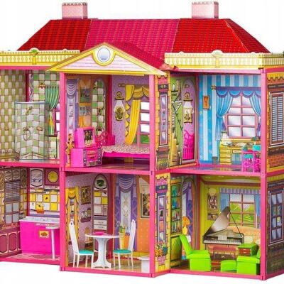 Casa de muñecas grande con 6 habitaciones y muebles - 106x95x38 cm - rosa -