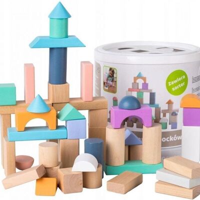 Caja de bloques: 50 bloques de madera en un cubo de almacenamiento