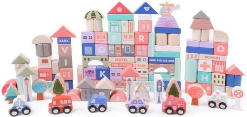 Blokkendoos speelgoed - houten huisjes & auto's - 115 stuks