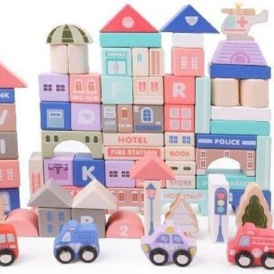 Block box toys - wooden houses & cars - 115 pieces