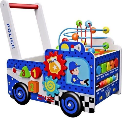 Houten politie loopwagen met speelpuzzel - blauw