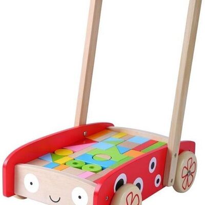 Wooden walker with 40 playing blocks - red