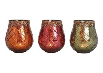 Lanterne avec bord métallique en verre marron, rose, vert triple, (L/H/P) 15x18x15cm 1