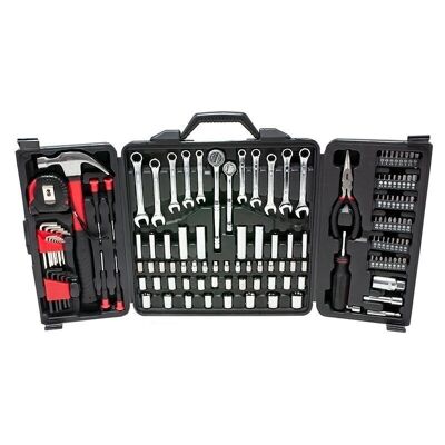 Tool set with ratchet, sockets, hammer, wrenches, pliers, allen socket, tape measure, screwdriver & bits - 142 pieces