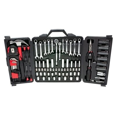 Coffret d'outils avec cliquet, douilles, marteau, clés, pinces, douille Allen, mètre ruban, tournevis et embouts - 142 pièces