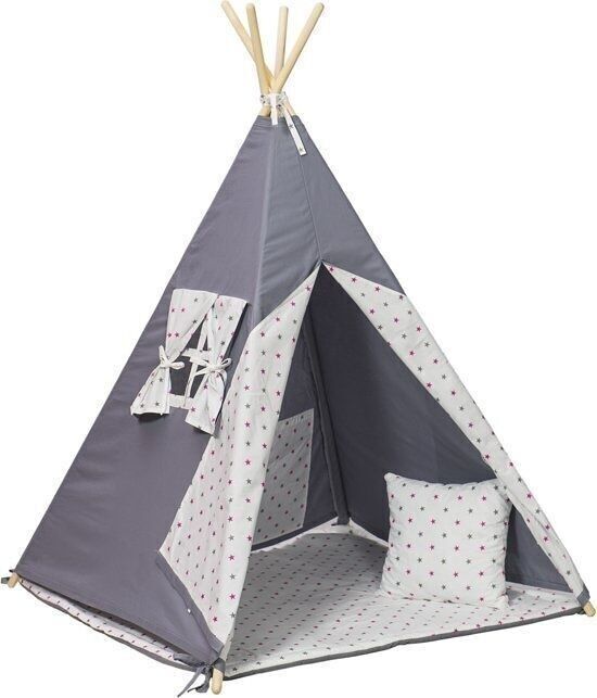 Tenda tipi teepee Wigwam - tenda da gioco - 4 parti - 100% cotone - stelle grigie e rosa