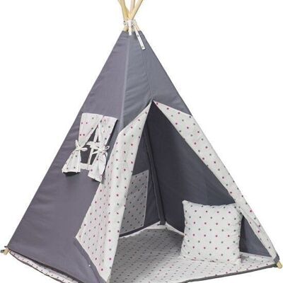 Tente tipi Wigwam tipi - tente de jeu - 4 parties - 100% coton - étoiles grises et roses