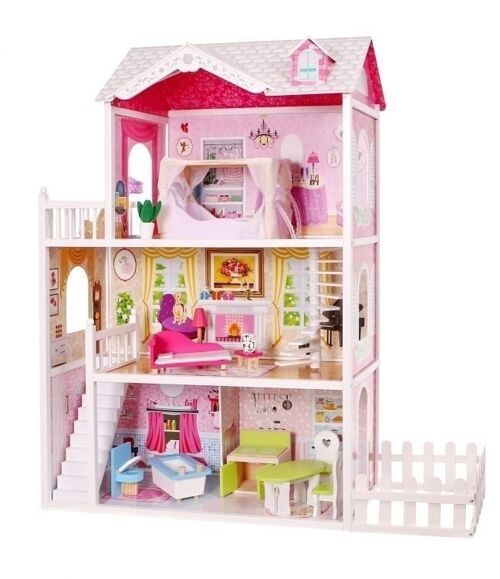 Houten poppenhuis geschikt voor Barbie's - 3 verdiepingen met tuin