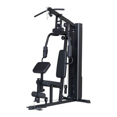 Central eléctrica para gimnasio en casa negra con pesas de 50 kg.