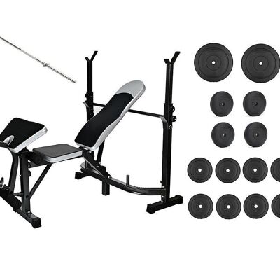 Fitness weight bench with weights and barbell - combination set 60 kg