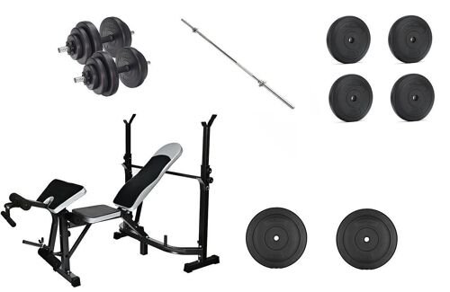 Fitness halterbank combinatie set - 60 kg schijven - 165 cm brede halterstang + 2 dumbbells