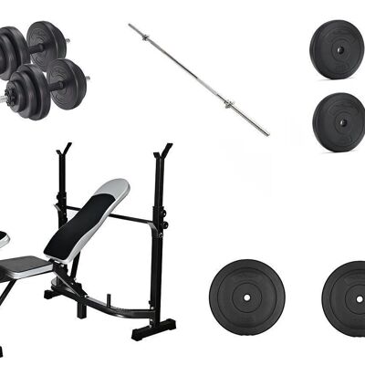 Fitness weight bench combination set - 60 kg plates - 165 cm wide barbell + 2 dumbbells