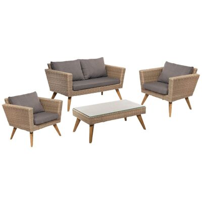 Conjunto de jardín Rattan marrón claro - mesa, banco, 2 sillas y cojines