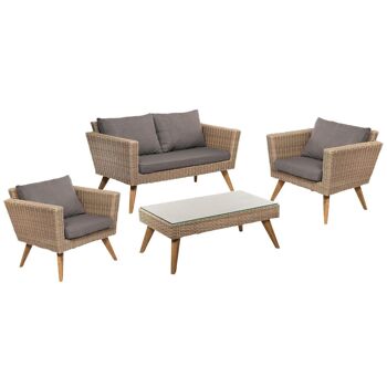 Salon de jardin Rotin marron clair - table, banc, 2 chaises et coussins