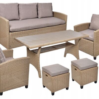 Garden set XXL Polyrattan brown - table, bench, 2 chairs and 2 pouffes