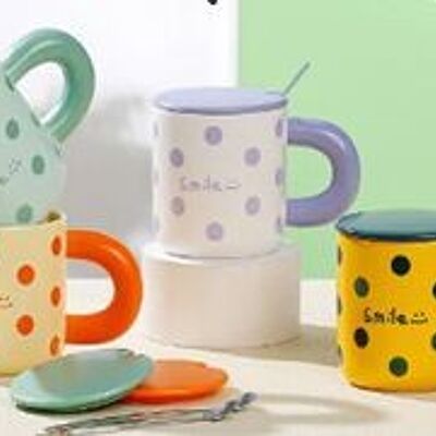 Ceramic mug with lid and spoon, polka dots, in 4 pastel color combinations DF-734