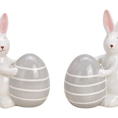 Coniglietto con uovo di Pasqua in ceramica bianca 2 volte, (L/A/P) 12x15x6cm