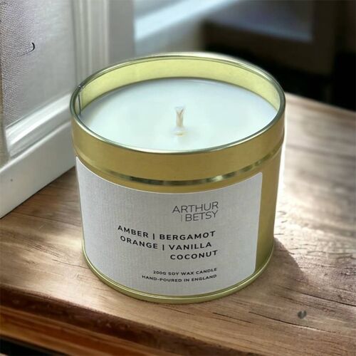 Large scented soy wax tin candle Amber, Bergamot & Vanilla