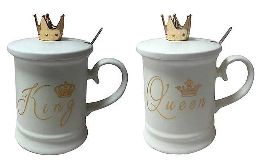 Keramikbecher mit verziertem Deckel „KING-QUEEN“ in 2 Designs. Fassungsvermögen: 450 ml DF-736