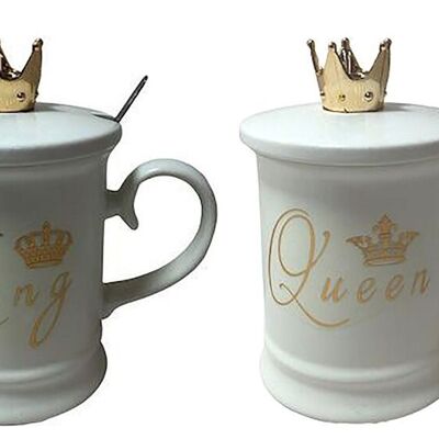 Mug en céramique avec couvercle décoré "KING-QUEEN" en 2 motifs. Capacité : 450 ml DF-736